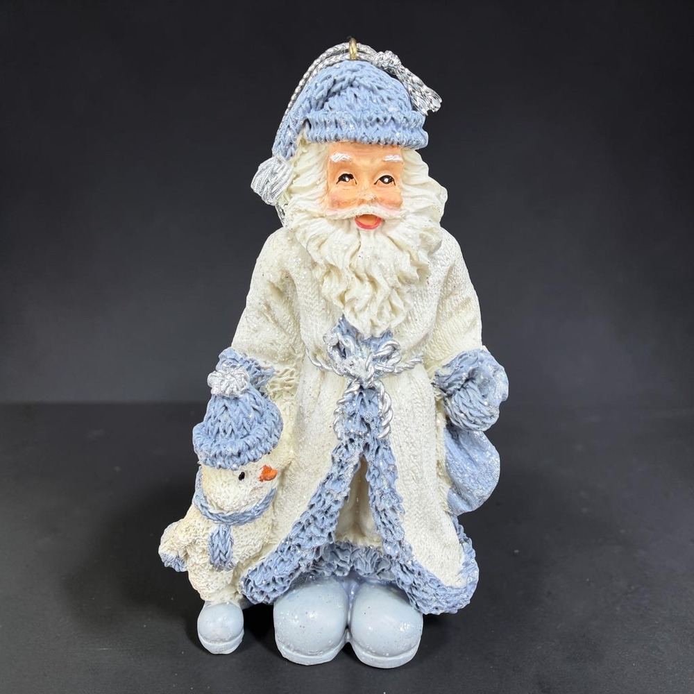 Vintage 1993 Snow Buddies Santa Claus Snowman Ornament Blue White Resin 4"